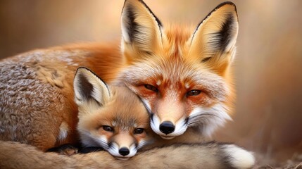 Tender moment: mother and young fox embrace in nature. Mother's Day, Mothering Sunday, Dia de la Madre - Global Maternal Celebration, Worldwide Family Holiday