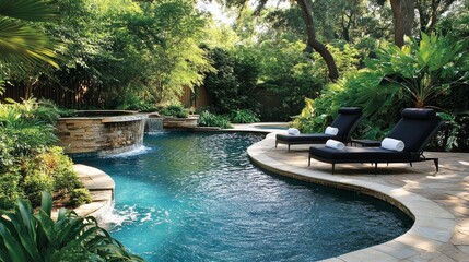 A serene, private pool surrounded by lush greenery, with stylish lounge chairs and a sunken bar 