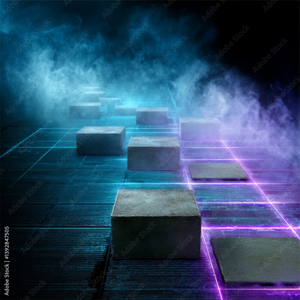 Poster abstract landscape: concrete blocks on a luminous grid with ethereal smoke and a futuristic, technol