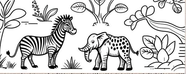 Obraz premium Black and White Illustration of Zebra and Baby Elephant in African Savanna