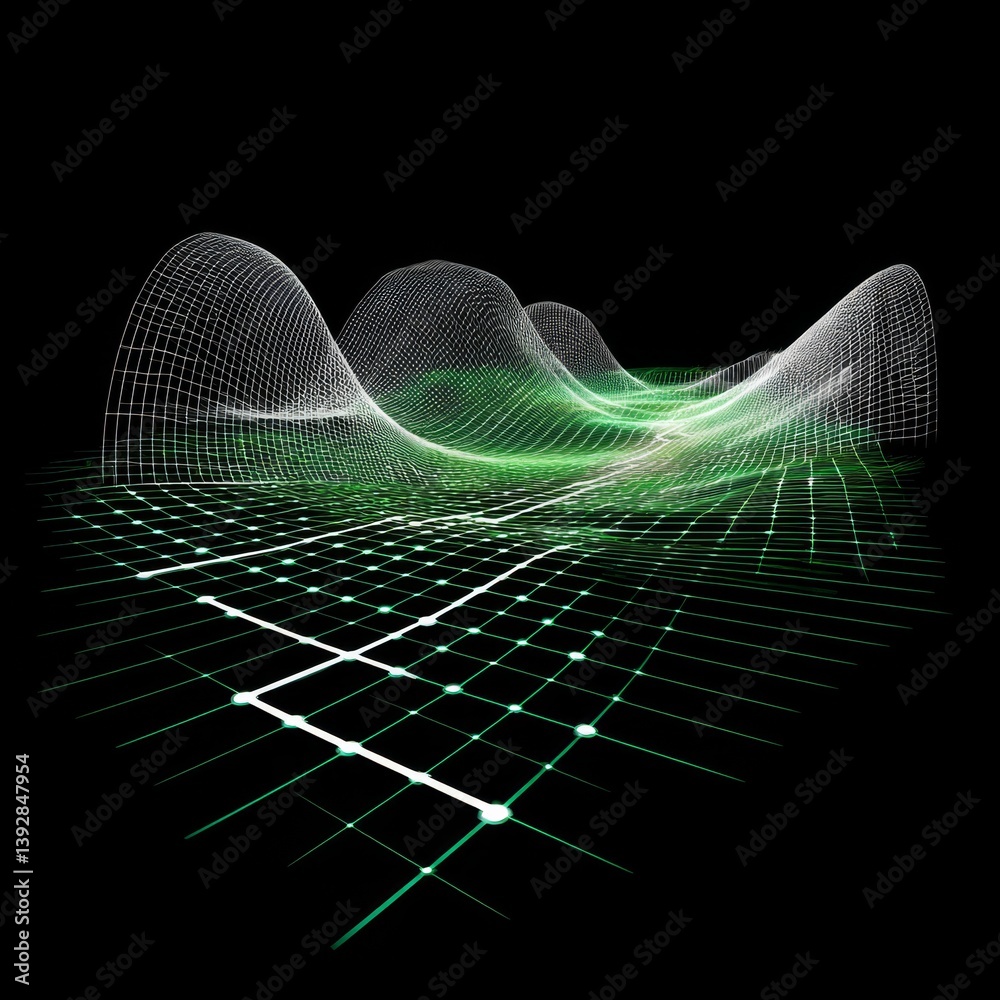 Leinwandbilder abstract wireframe landscape: green grids and mesh hills on black background displaying a geometric 