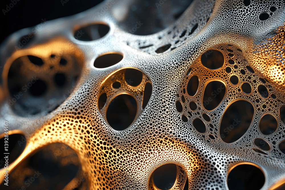 Poster Abstract, organic structure with intricate holes, lit with golden light, showcasing cellular patterns and complex interconnectedness against a dark background.