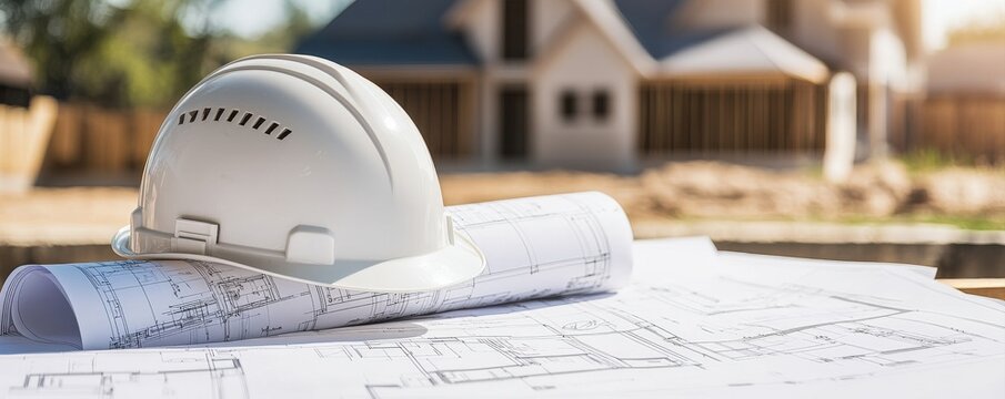A construction site featuring a safety helmet atop blueprints, with a partially built house in the background.