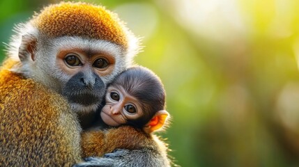 Fototapeta premium Heartwarming moment: mother and baby monkey hug in sunlit forest. Mother's Day, Mothering Sunday, Dia de la Madre - Global Maternal Celebration, Worldwide Family Holiday
