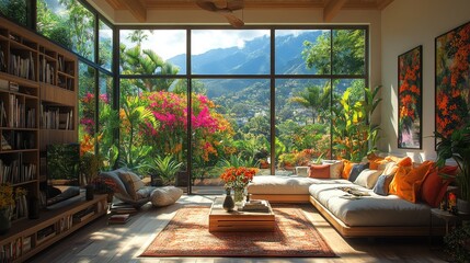 Fototapeta premium Sunlit living room with floor-to-ceiling windows showcasing a lush tropical mountain view.