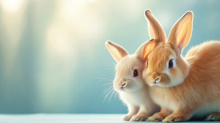 Pair of cute bunnies with fluffy fur on soft background. Mother's Day, Mothering Sunday, Dia de la Madre - Global Maternal Celebration, Worldwide Family Holiday