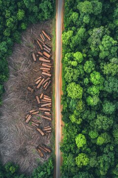 Cut down timber logs on ground in forest. Deforestation.