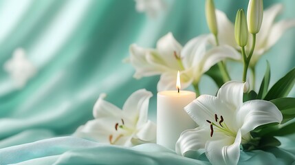 white candle styled on small podium with floral elements and soft fabric drape in a bright setting ideal for clean product presentation and modern interior mood