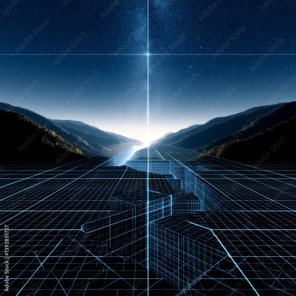 Poster digital divide: a fractured landscape under a celestial gaze, a stark contrast of nature and technol