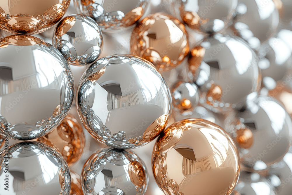 Poster a shiny collection of silver and gold metallic spheres with reflections and intricate textures filli