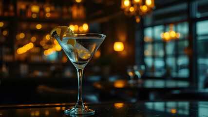 A stylish martini cocktail served in a classic martini glass, garnished with green olives. Captured with elegant lighting, peClassic Martini Cocktail in Elegant Glass – Sophisticated Drink Photography