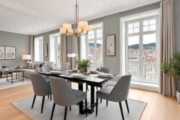 A spacious open-plan living room in a luxury apartment with large windows and city views