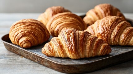 Fototapeta premium A close-up view of freshly baked croissants arranged on a baking tray, showcasing their flaky layers and golden-brown color.