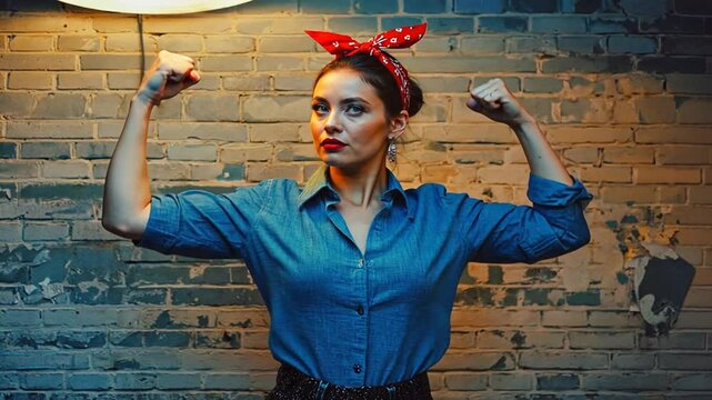 Feminist symbol. Woman wearing a red scarf and showing off her muscles.