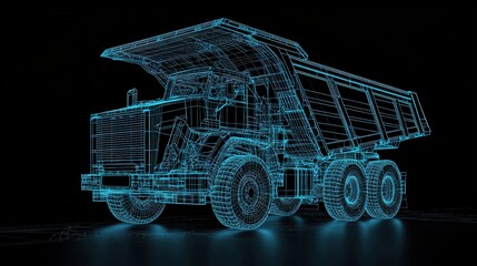 A futuristic wireframe model of a dump truck rendered in blue on a dark background, showcasing advanced technology and design.