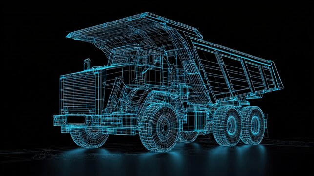 A futuristic wireframe model of a dump truck rendered in blue on a dark background, showcasing advanced technology and design.