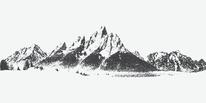 Abstracted dotted mountain range with a pointillist grunge texture. mounted landscape with grainy noise. Retro halftone vector 