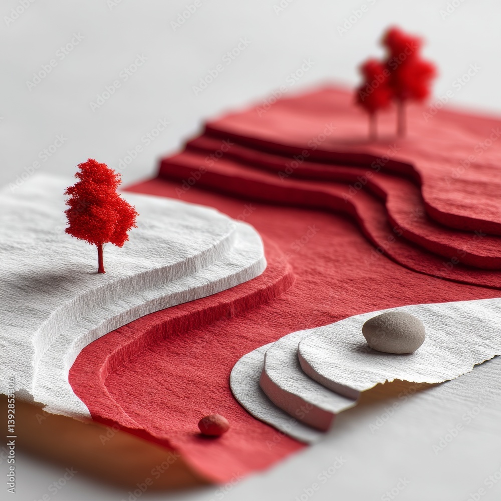 Poster miniature red and white landscape: abstract topography with trees and stone, a delicate, textured co