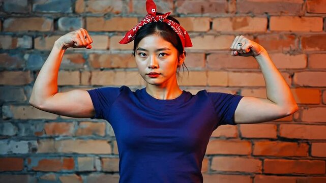 Feminist symbol. Woman wearing a red scarf and showing off her muscles.