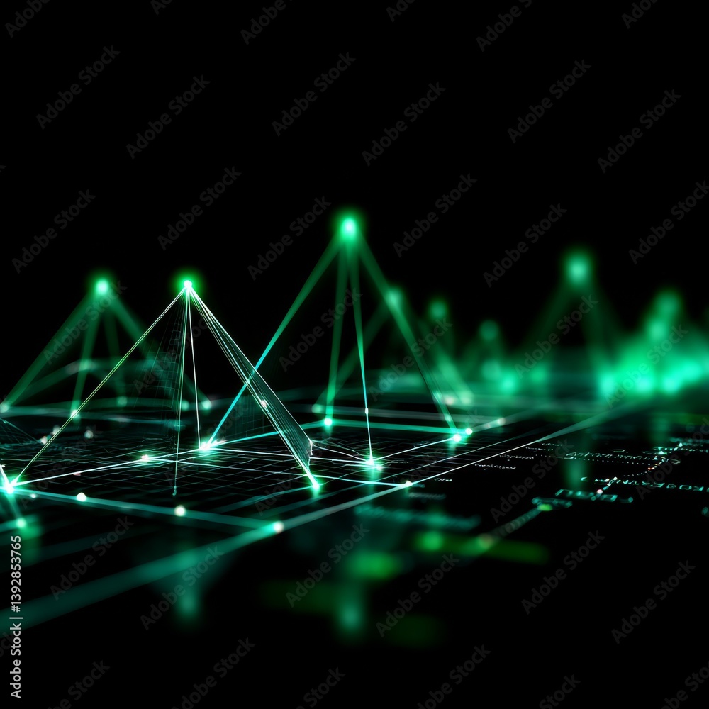 Poster Network Data Visualization: Green Glowing Connections and Data Points on a Dark Background