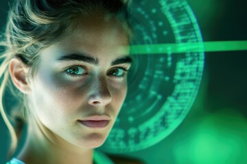 Portrait of a young woman against a futuristic digital backdrop showcasing green graphics and data