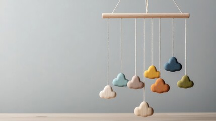 Rainbowthemed wooden wind chime mobile for baby with vibrant wooden clouds, raindrops, and gentle chimes