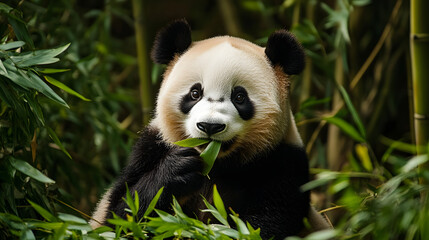 Obraz premium Giant panda munching bamboo in a lush forest setting. The bear's distinctive black and white fur is highlighted by the soft, natural light filtering through the foliage.