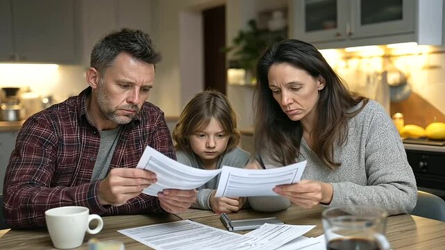 1_Family Reviewing Foreclosure Notice at Kitchen Table During Financial Crisis