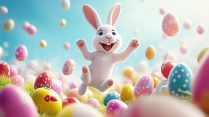 Obraz premium happy Easter bunny jumping with joy with many Easter eggs