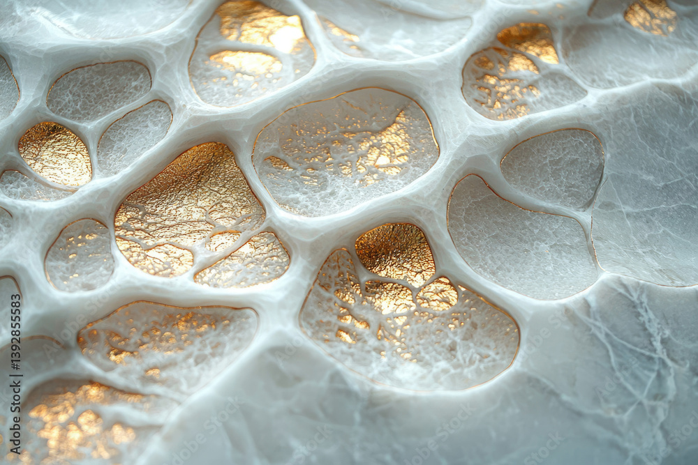 Poster abstract close-up featuring white cells with golden textures, creating a visually interesting and lu