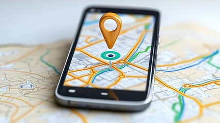 A smartphone displaying a map with a location pin, set against a paper map background, illustrating navigation and location services.
