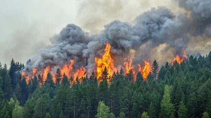 Fototapeta premium A dramatic forest fire engulfs trees with flames and smoke, highlighting the destructive power of wildfires and environmental impact.