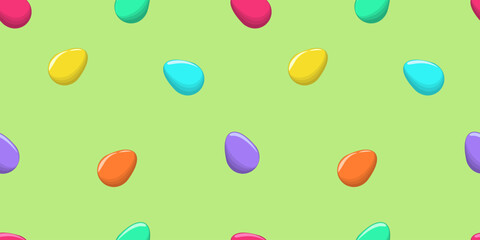 Seamless Easter pattern with glossy colorful eggs on a light green background. Bright and festive design perfect for spring decor, kids projects, greeting cards, textiles, and wrapping paper.