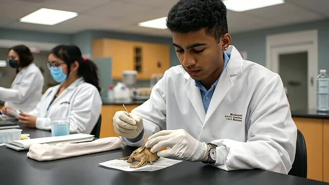 1_Pre-med Student Dissecting Frog in Lab Session