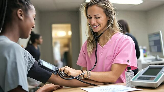 1_Nursing Student Taking Patient's Blood Pressure in Clinic Setting