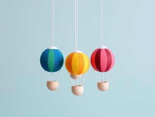 Obraz premium Handpainted wooden baby mobile with wind chimes, featuring colorful floating hot air balloons and soothing tones