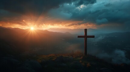 Fototapeta premium Christian cross on hill at sunset background faith hope love religion jesus christ easter good friday concept