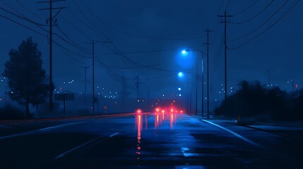 quiet wide road lit by glowing street lights in urban city at night offering calm scene for travel landscape and peaceful infrastructure imagery