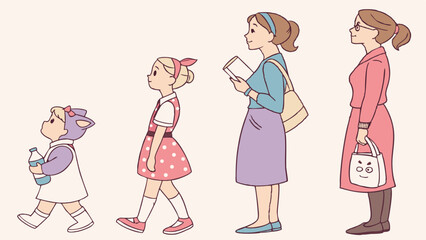 Four female characters at different life stages walking: a toddler with a bottle, a young girl in a polka dot dress, a woman with a book and bag, and an older woman with a shopping bag.