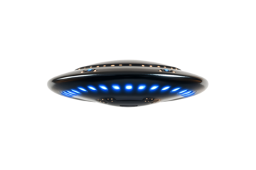 Futuristic flying saucer with blue glowing lights isolated on a white background.