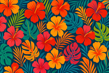 Tropical Floral Pattern with Hibiscus Flowers and Leaves