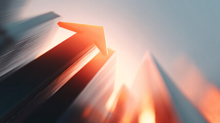 Abstract arrow pointing upwards with motion blur and bright light shining on the arrow edges