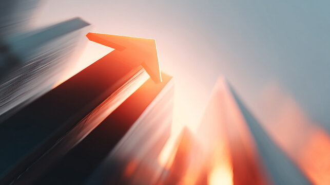 Abstract arrow pointing upwards with motion blur and bright light shining on the arrow edges