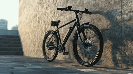 Obraz premium Sleek black e-bike parked against a textured wall.