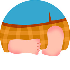 Islamic Praying Shalat Procedure Muslim Kid Child's Feet in Plaid Pants and Blue Shirt, Circular Composition