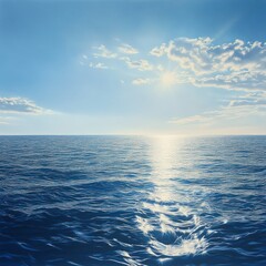 Obraz premium Serene ocean vista under a bright sky. Gentle waves caress the horizon. Sunlight reflects beautifully on the water's surface