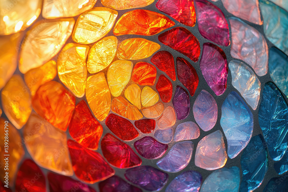 Poster a vibrant mosaic of colorful glass pieces arranged in a mesmerizing spiral pattern, creating an eye-