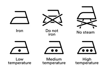 Iron icon set. Dry and steam iron icons. Iron temperature setting guide, textile care, ironing guide, fabric care and Clothing Maintenance. Ironing Clothes label for product packaging design.