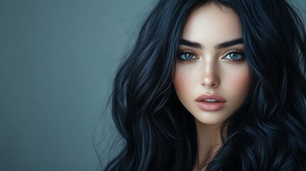 Fototapeta premium close view of woman with shiny long black hair and beautiful makeup showcasing confidence and feminine elegance in fashion and beauty shoot