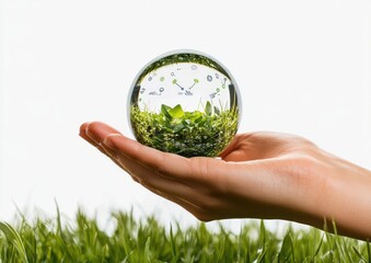 A hand holding an AI sphere, digital connections on the screen of its palm. The background is white and clean.